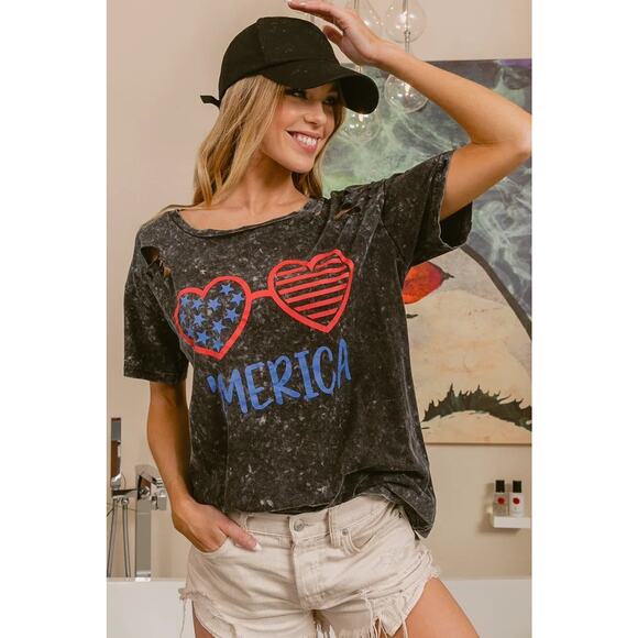 BiBi 4th Of July Theme Mineral Washed Laser Cut Round Neck Top | Black Charcoal - Picture 11 of 11